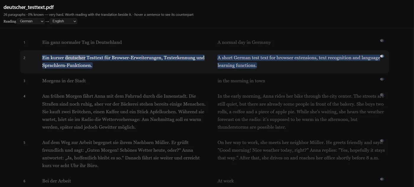 NoaLingua bilingual PDF reader with original text and English translation side by side.