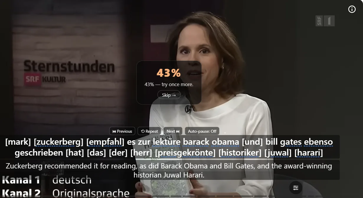 NoaLingua Say It Back practice showing a spoken line and real-time pronunciation feedback.