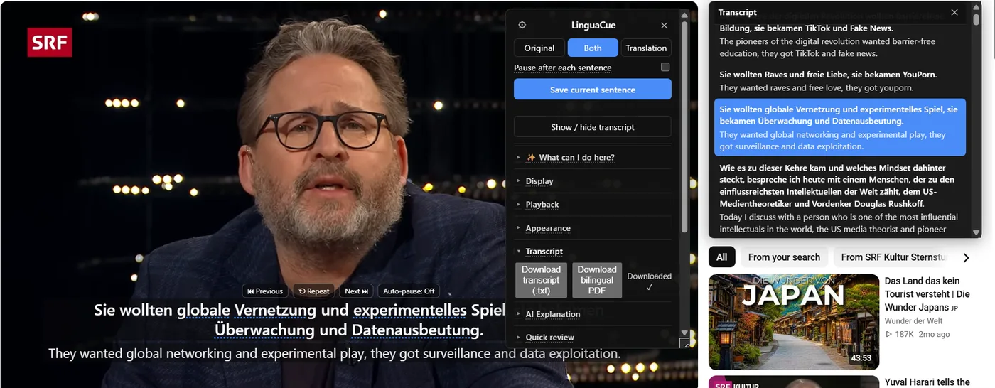NoaLingua transcript panel with bilingual subtitle lines and export buttons.