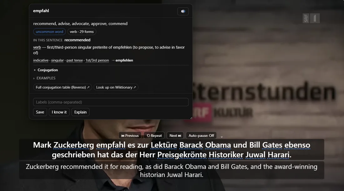 NoaLingua word popup with contextual meaning, grammar, examples and save controls.