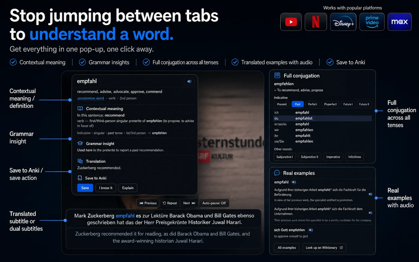 NoaLingua showing dual subtitles, a word popup, conjugation data and examples on a video.